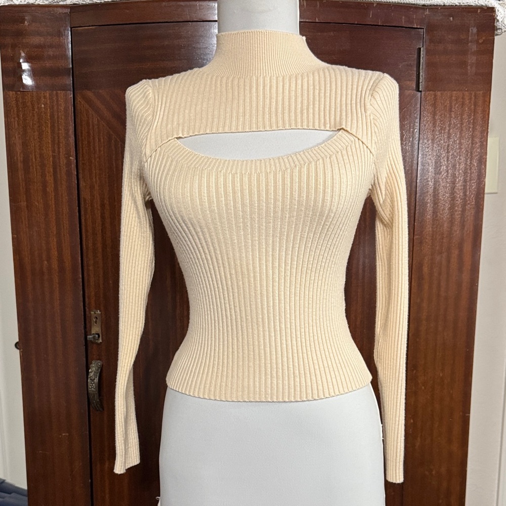 Cream Ribbed Cutout Sweater
